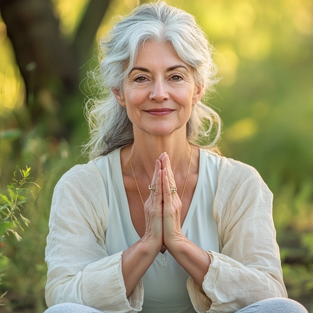 Старша жінка в медитативній позі йоги на природі
